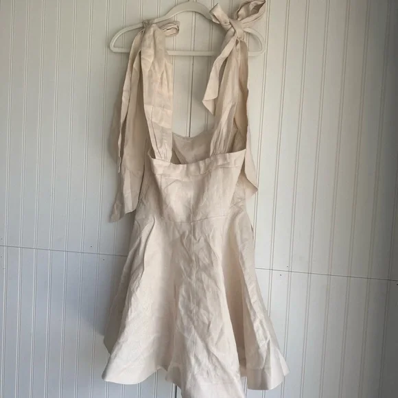 DISSH Size 4 Tan Creasm Aisle Pearl Linen Bow Mini Dress - Picture 9 of 10